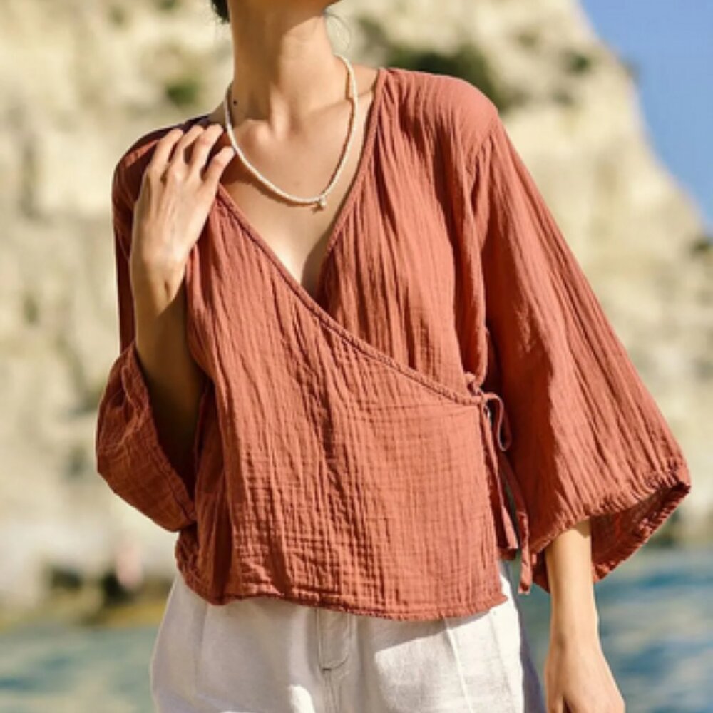 Organic Cotton Gauze Kimono Wrap Top, L - XL
